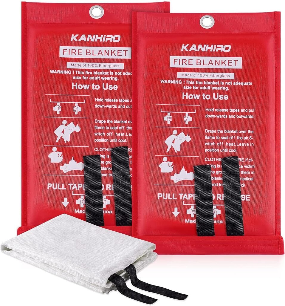 kanhiro Fire Blanket, Emergency Fire Suppression Blanket for Home and Kitchen, Prepared Fiberglass Fire Blanket Hero Great for School, Fireplace, Grill, Car, Office, Warehouse (2 Pack, 39 in X 39 in)